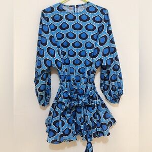 Blue Patterned Long Sleeve Dress